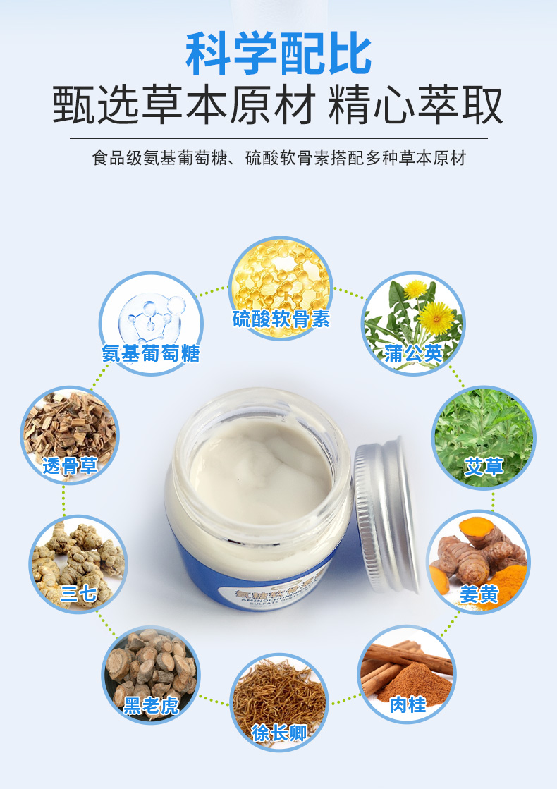 科學(xué)配比，甄選草本原材精心萃取，食品級(jí)氨基葡萄糖、硫酸軟骨素搭配多種草本原材